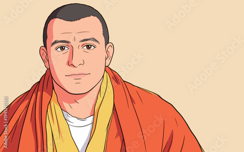 A monk wears orange and yellow robes while sitting still and looking directly ahead. The background is plain with no distractions.