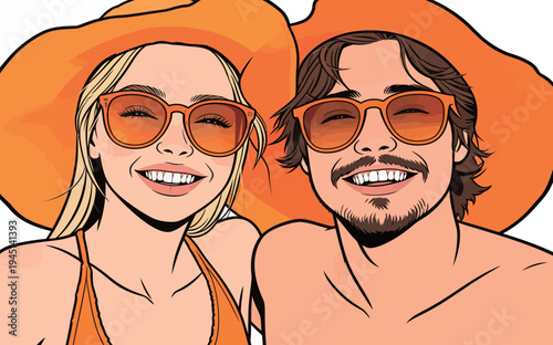 Two individuals smile brightly while wearing large orange hats and sunglasses. They enjoy a sunny day at the beach together.