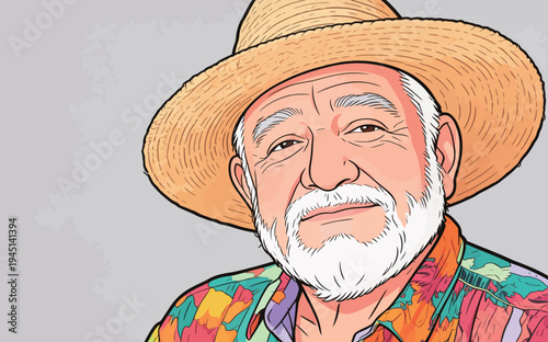 An older man with a white beard wears a straw hat and a bright shirt. He smiles while sitting against a light background.