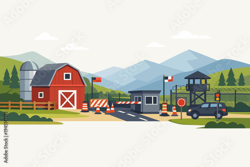 Flat Vector Illustration of a Red Barn and Silo Located Near a Secure Border Crossing Checkpoint with a Watchtower, Barbed Wire Fence, Security Booth, Barrier Arm, and a Car on a Mountain Road