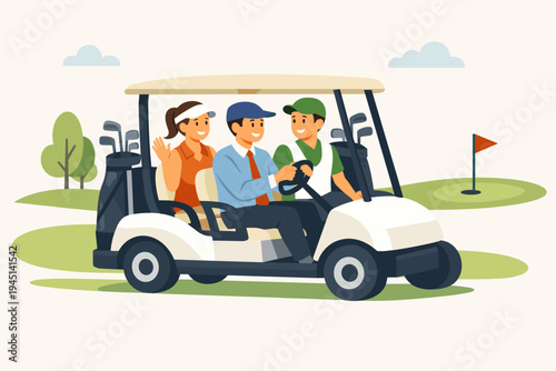 Businessman Driving a Golf Cart with a Woman and Caddy on a Golf Course, Flat Vector Illustration of People Playing Golf, Outdoor Sports, Leisure Activity, Networking, Corporate Recreation.