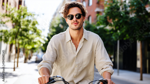 Stylish man riding bicycle sunny urban street summer, sunglasses linen shirt beige trees bokeh, eco transport lifestyle casual confident city commute.