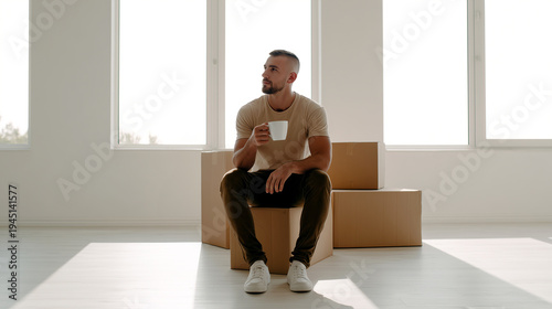Man sitting cardboard boxes empty apartment holding coffee cup, moving new home fresh start, bright minimal interior window relocation lifestyle contemplative.