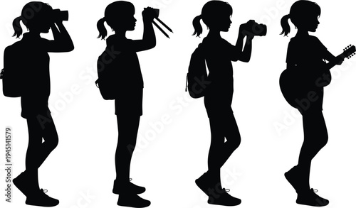 PrintBlack silhouette set of girl exploring with binoculars, drawing with pencils, taking photos, playing guitar, cad drawing flat vector illustration, isolated.