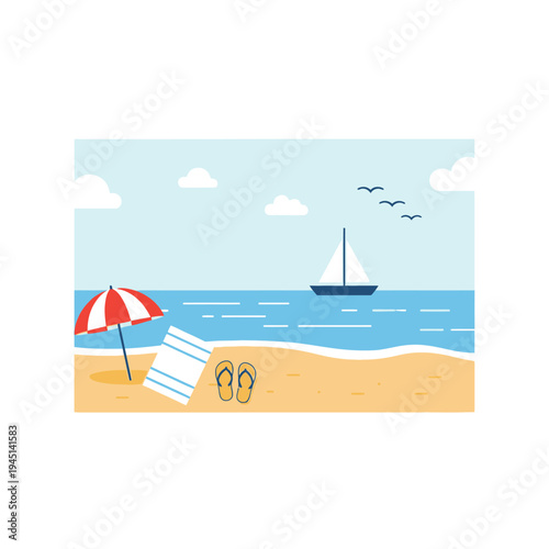 Summer beach scene with sailboat, umbrella, towel, and flip-flops