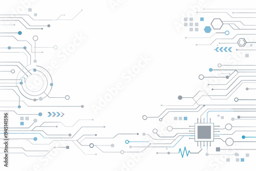 Abstract Digital Technology Background on White with Motherboard Circuit Board Elements, Simple Flat Vector Illustration Featuring Microchip, Processor, Nodes, and Data Connection Lines.