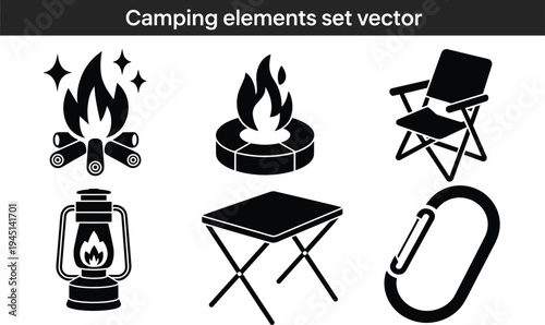 Cad drawing flat vector illustration, camping elements set, outdoor adventure equipment, campfire icon, lantern silhouette, folding chair, travel gear, hiking. (20 words)