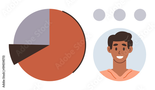 Data analysis, demographics, user profiles, business statistics, marketing, audience targeting. Pie chart and smiling male avatar. Data analysis and demographics concept