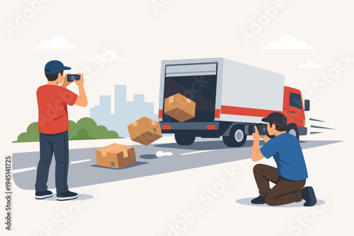 Witnesses capturing evidence of a delivery truck losing packages on the road with their smartphones and cameras, flat vector illustration of shipping mishap, logistics error, and parcel loss.