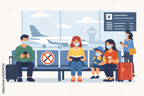 People wearing protective face masks waiting at the airport terminal during the COVID-19 pandemic. Travelers practicing social distancing in the departure lounge with airplane and luggage.