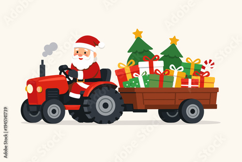 Santa Claus driving a red farm tractor with a trailer full of colorful Christmas gifts, decorated trees, and candy canes. Simple flat vector illustration for holiday greetings and winter decor.