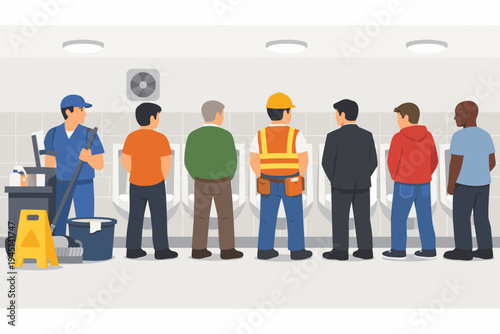 Diverse Men Using Urinals in Public Restroom with Janitor Cleaning. Flat Vector Illustration of Male Workers, Businessmen, and Casual People in Public Toilet Facility for Hygiene and Maintenance.