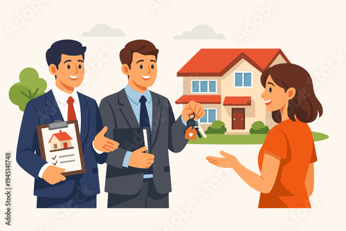 Professional real estate agents in suits handing over house keys to a happy woman buyer with a suburban home in the background, property sales, mortgage, and home ownership concept vector.