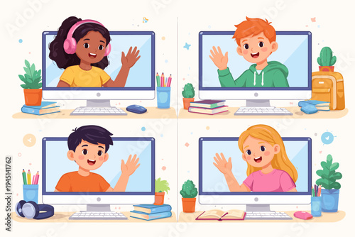 Diverse happy schoolchildren greeting each other via video call on computer screens. Flat vector illustration of kids participating in online learning, virtual classroom, and remote education.