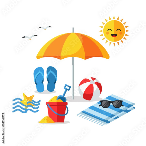 Summer Beach Vacation Scene with Sun, Umbrella, Toys, and Towel