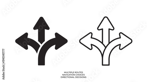 Three-way directional arrows branching left, straight, and right, symbolizing navigation choices, directional decisions, and multiple route options in planning.