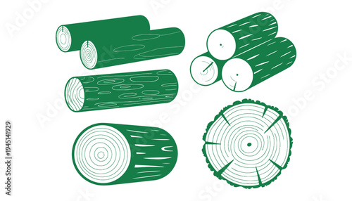 A green tree trunk vector illustration with various log cuts and slices