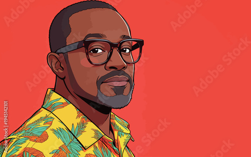 A person stands with a neutral expression, wearing glasses and a shirt with bright colors on a vivid background.