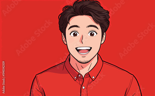 A young man with dark hair shows excitement while smiling widely in front of a bright red background. He wears a red shirt and looks cheerful.