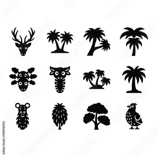 Black silhouettes of animals and trees.