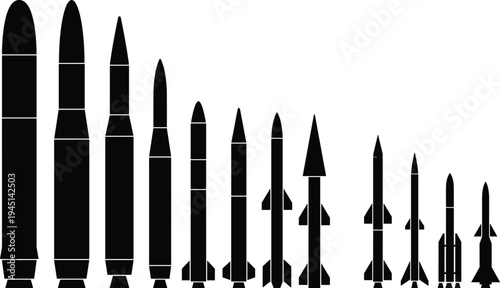 Missile and rocket silhouettes set, military ballistic rocket weapon collection isolated on white background, defense armament vector illustration icons