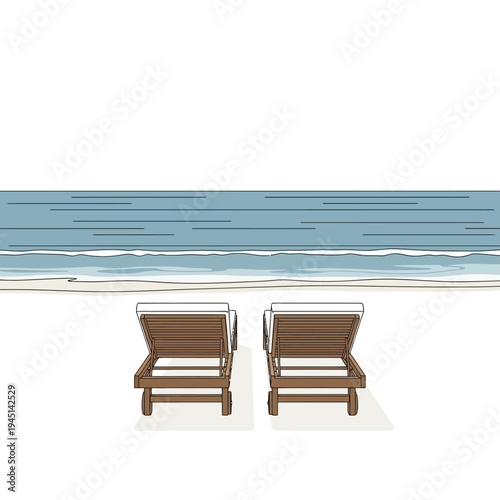 Two empty lounge chairs on a sandy beach facing the ocean waves, serene vacation scene.