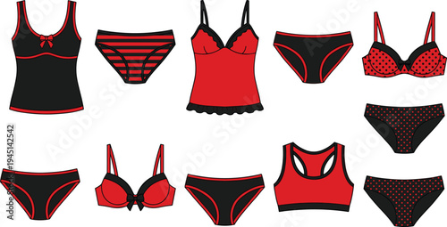 Red and black women lingerie set, bra panties underwear and camisole fashion collection isolated on white background vector illustration