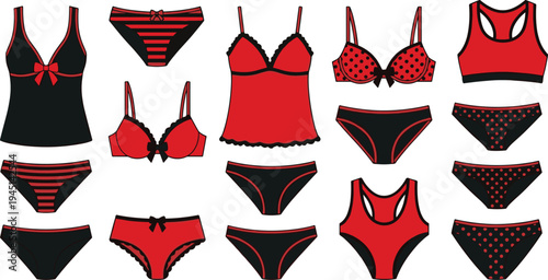 Red and black women lingerie collection, bra panties underwear and bodysuit fashion icons set isolated on white background vector illustrationRed and black women lingerie collection, bra panties under