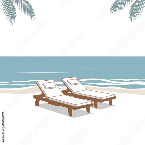 Two empty lounge chairs on a serene beach with ocean waves and palm leaves