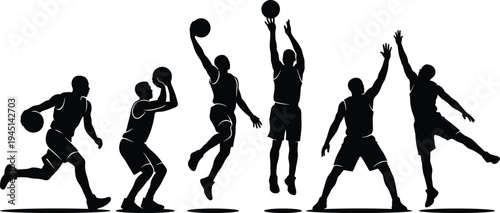 Basketball player silhouettes performing dribbling, shooting and blocking actions, dynamic athlete vector illustration collection for sports training and competition design