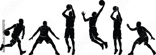 Basketball player silhouettes set showing dribbling, shooting and defensive stances, dynamic athlete vector illustration collection for sports fitness training design