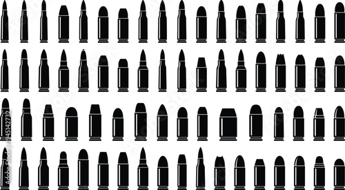 Black ammunition and bullet cartridge silhouettes set, various caliber ammo icons collection, military weapon ammunition shapes isolated on white background vector
