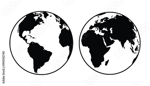 Earth globe silhouette illustration with black continents on white background