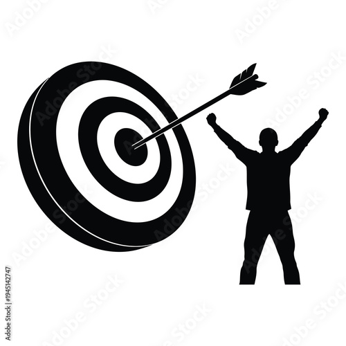 Man celebrating hitting target with arrow in black silhouette isolated on white background successfully achieving goal