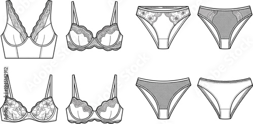 Elegant lingerie set outline vector illustration featuring lace bras and panties fashion design template for underwear catalog, isolated line art collection