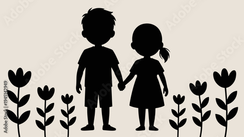 Silhouettes of a boy and girl holding hands among flowers on a beige background