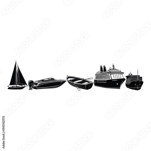Black and white illustration of various boats and ships on white background