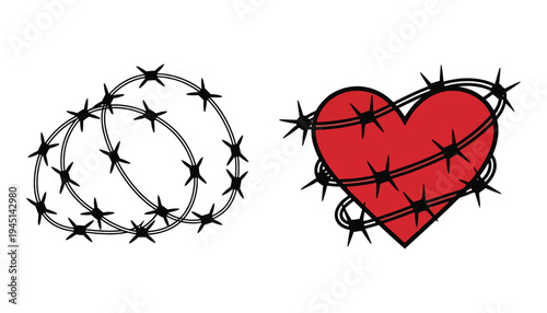 A heart wrapped in barbed wire with a circular barbed wire design