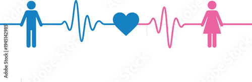 Heartbeat line connecting man and woman with heart symbol, love relationship health pulse concept isolated on white background vector illustration