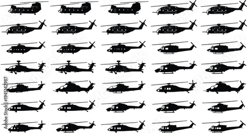 Helicopter silhouettes collection featuring military and transport aircraft profiles, aviation vehicle vector illustration set isolated for aerospace design projects