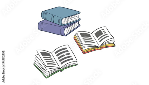 Book illustration with open and closed books on white background