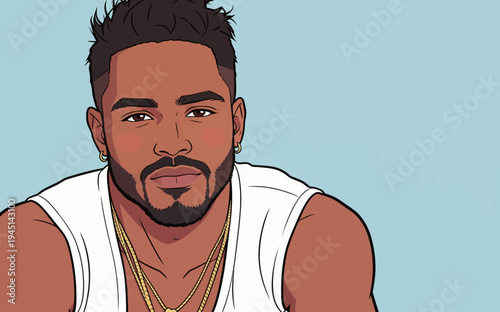 A man sits calmly with a serious look on his face. He has short hair and wears a sleeveless shirt with necklaces.