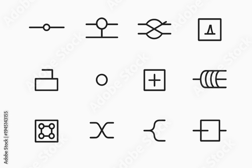 Quantum Circuit Icons. Quantum circuits. Line outline icon set of quantum circuits: qubit line track, CNOT