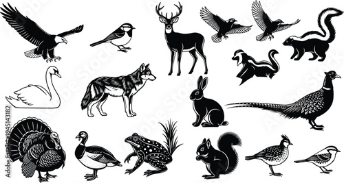 Wildlife silhouettes featuring birds and mammals including eagle, deer, skunk, wolf, rabbit, duck, squirrel, vector illustration for nature themes
