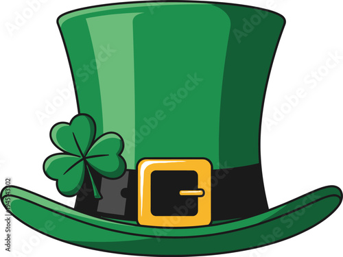 Green St Patricks Day hat with shamrock clover and gold buckle symbolizing Irish holiday luck and celebration vector illustration