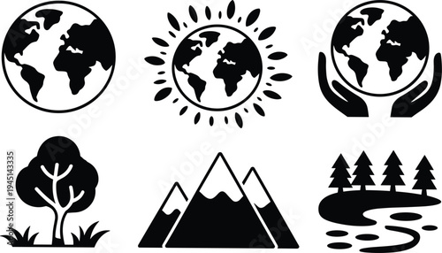Nature and environment icon set, earth globe symbols, mountain landscape, forest trees, river scene, sustainable ecology flat vector illustration, cad drawing.
