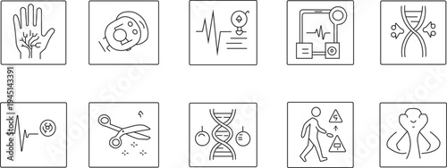 Essential line icons for scientific research, biological studies, medical innovation, health technology, and genetic analysis