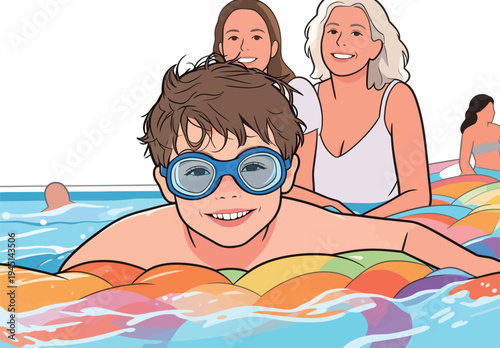 A child wearing goggles swims happily in a pool while family enjoys time together on colorful floats.