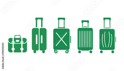 Luggage icons set in green color on white background