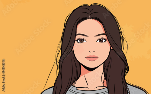 A young woman stands still with long hair in front of a yellow backdrop. She looks directly ahead with a neutral expression.